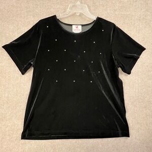 Quacker Factory Black Velvet Rhinestone Embellished Top X Large Tee
